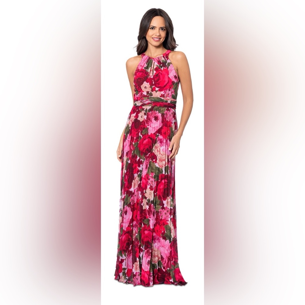 Xscape Floral Halter Pleated Maxi Skirt in Red & Pink